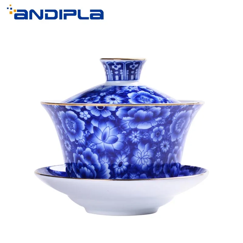 

Jingdezhen Blue and White Porcelain Kung Fu Tea Set Large Capacity Tea Bowl Colorful Teawares Tureen Home Gaiwan Collection