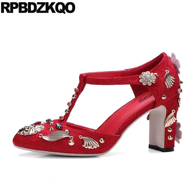 

Stud Metal Silk Rhinestone High Heels Pumps Wedding Handmade Ladies Satin Dress Shoes Red T Strap 3 Inch Flower Round Toe Block