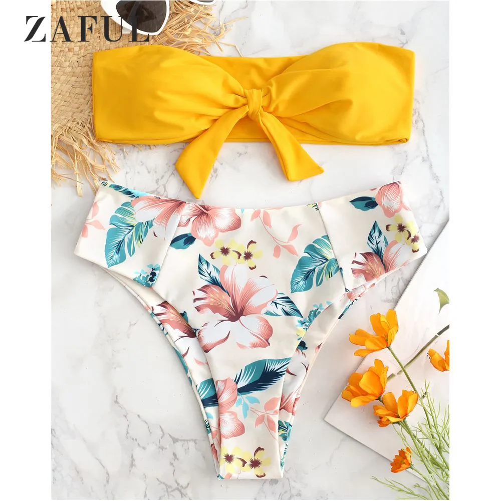  ZAFUL Bandeau Knotted Floral Bikini Set Swimwear Women High Waist ed Swimsuit Strapless Padded Biki