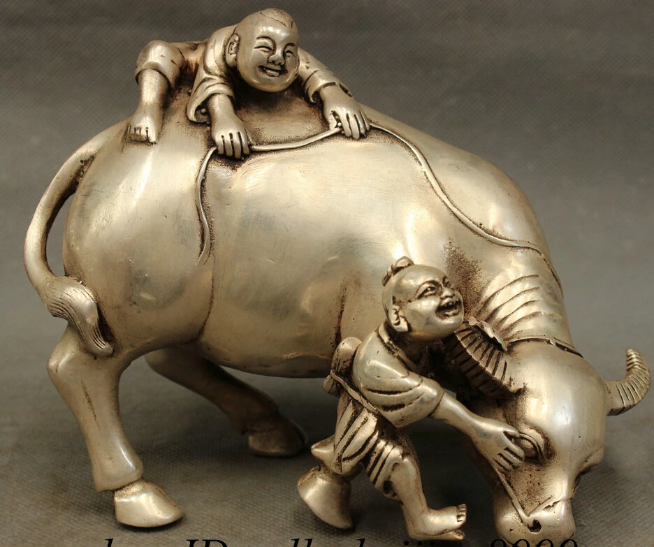 

8" Folk Chinese Silver 2 Child Cowboy Shepherd Boy Statue On Bull Ox Sculpture D0317
