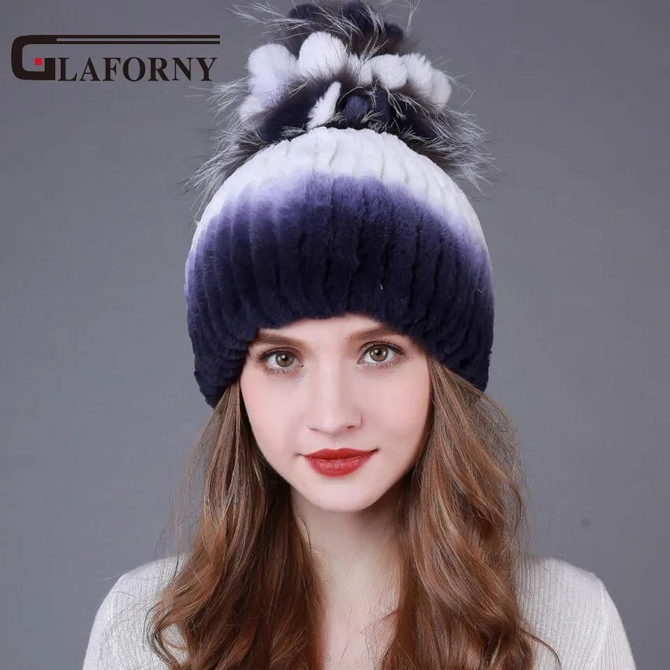 

Glaforny Knitted Rex Rabbit Fur Beanies with Silver Fox Fur Flower Top Super High Quality Women Casual Fur Caps Russian Fur Hats
