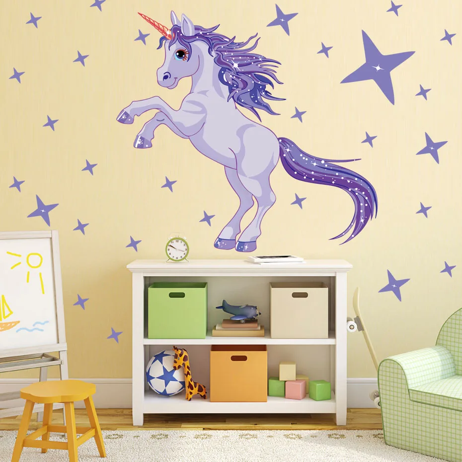 Magic Unicorn Stars Wall Sticker Cartoon Animals Vinyl Wall Art Decals Nursery Wall Pictures For Kids Baby Bedroom Home Decor