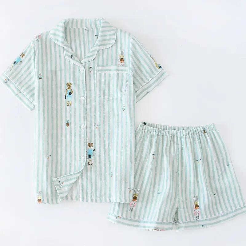 Женские пижамные комплекты из хлопка с коротким рукавом, шорты, милые Мультяшные пижамы, японские Простые короткие пижамы, Женская домашняя одежда - Цвет: LH Blue bear
