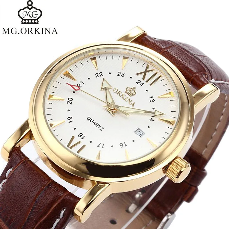 

ORKINA Men Watches Top Brand Luxury Gold Stainless Steel Date Brown Leather White Dial Men's Quartz Watch relogio masculino