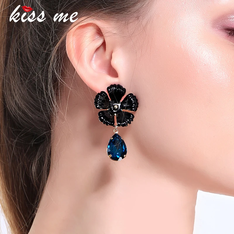 Женские серьги подвески в виде цветка KISS ME синие и красные из стекла форме капли