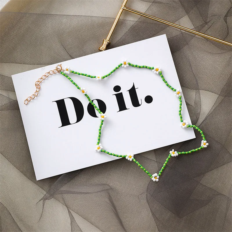 Green necklace Цветной браслет с цветком, ожерелье с ромашками из бисера, набор цепочек, подвеска в виде ракушки, модное золотое ожерелье на цепочке для женщин, ювелирное изделие - Окраска металла: Green necklace