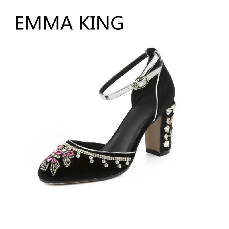 

Ethnic Style Luxury Velvet Ladies Pumps Round Toe Ankle Strap Women Mary Janes Chunky Heels Shoes Woman Cutout Sexy High Heels