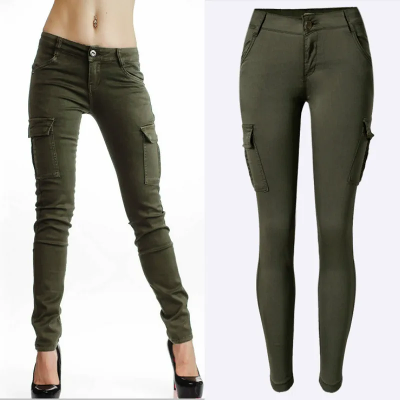 Новинка, армейские зеленые брюки с карманами, женские модные хлопковые брюки в стиле сафари, Эластичные Обтягивающие джинсы с низкой талией, лоскутные брюки