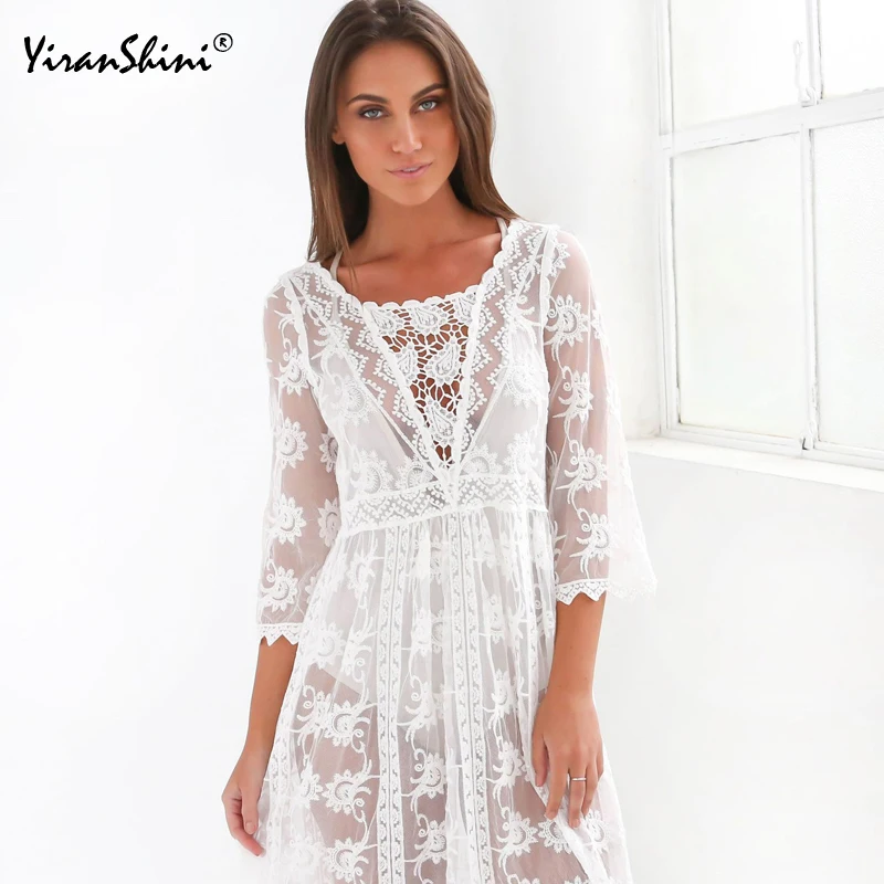 

YIRANSHINI Sexy Lace Embroider Beach Long Dress Tunic White Hollow Out Swimsuit Cover Ups Crochet Beach Dress Bikini Cover Ups