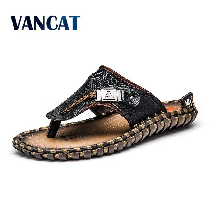 Kaufen Vancat Echtem Leder Männer Hausschuhe 2018 Sommer Strand Schuhe Männer Flip Flops Flache Heels Männlichen Rutschen Luxus Männer Schuhe Plus größe 48