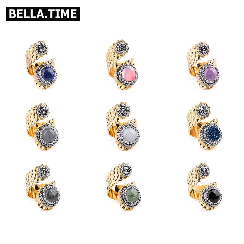 

BELLA.TIME Luxe Natural Stone Zircon Inlay Gold Copper Rings For Women Round Lapis Shell Agates Spiral Rings Female Jewelry RI34