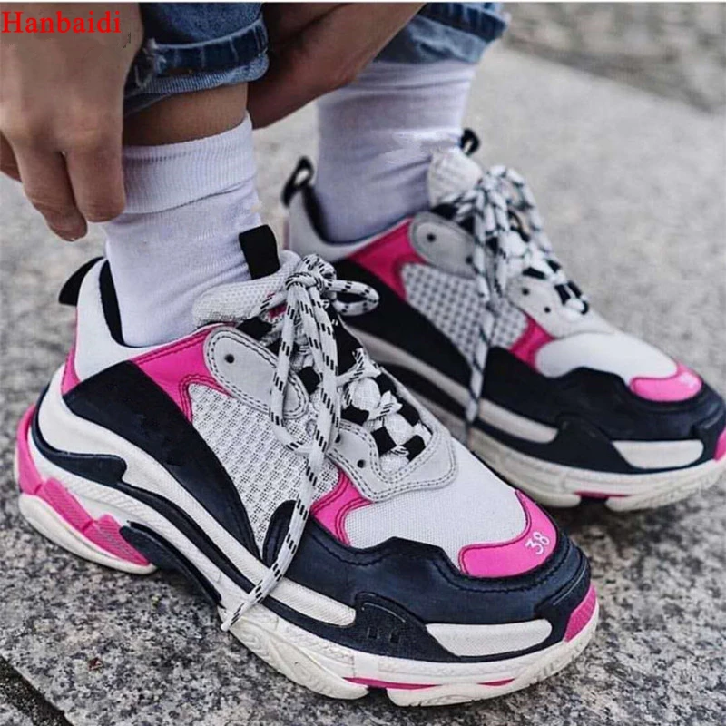 

Hanbaidi Pink Lace Up Trainers For Women Real Leather And Suede Women Casual Shoes Mixde Colors Platforms Shoes Street Style 40