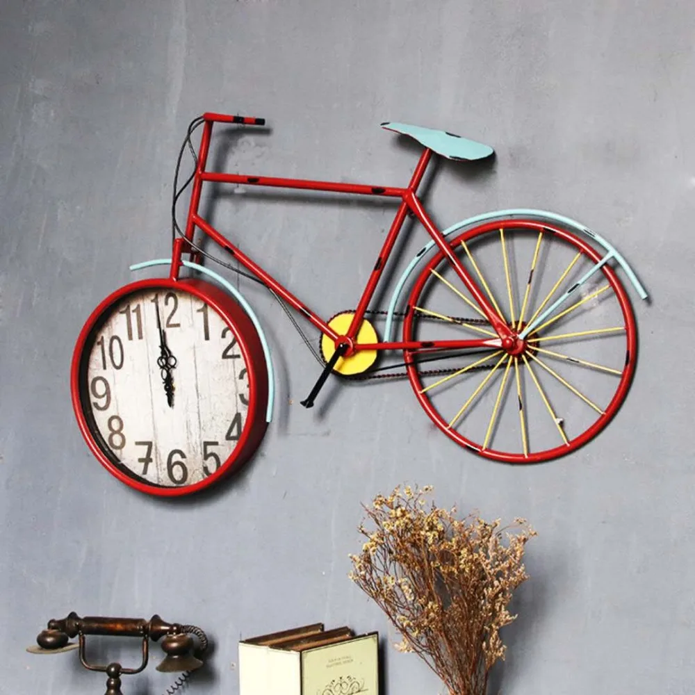 

American old antique silent wall clock Creative bicycle clock Colorful wrought iron living room wall clock indoor wall clock