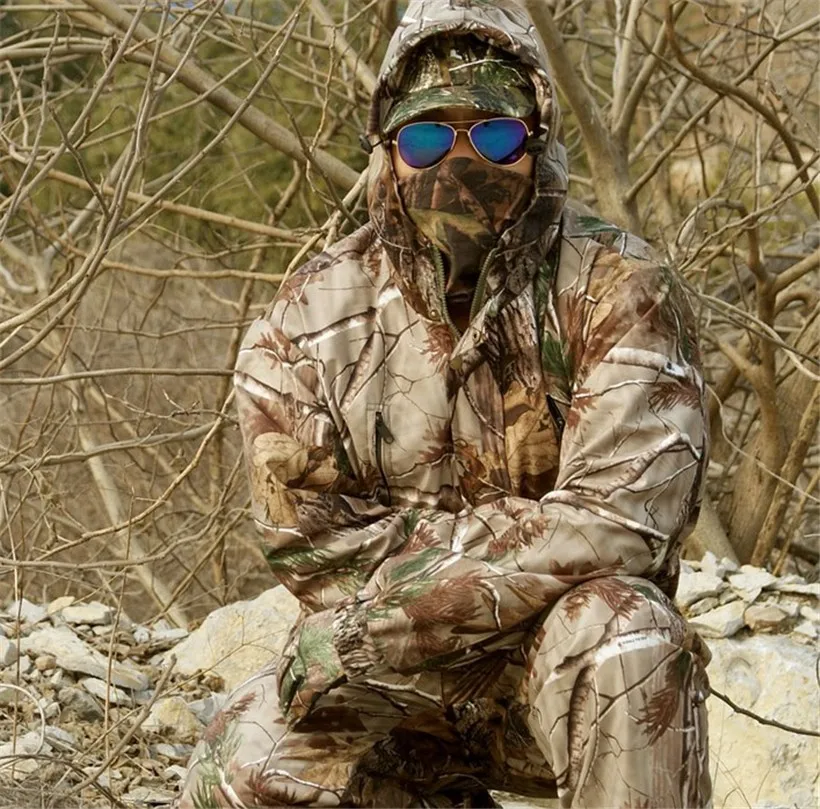 Открытый осенний водонепроницаемый Bionic Камуфляж Охотничьи костюмы Рыбалка Военная тактическая одежда куртка брюки ветровка шапка перчатки