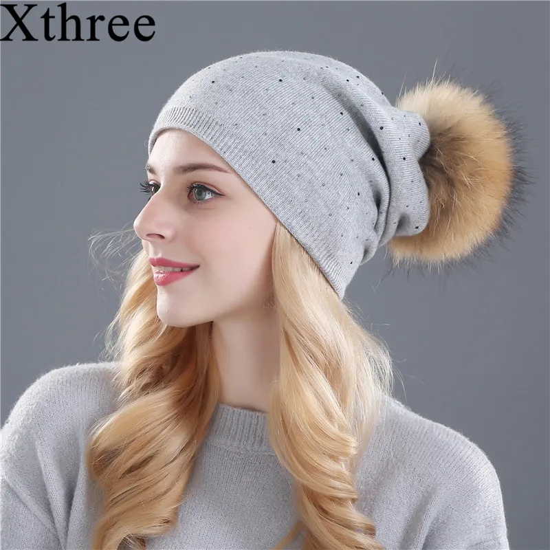 

[Xthree] 2017 new winter knitted hat for women warm wool beanie hat for girl real Raccoon fur pom poms thick female cap