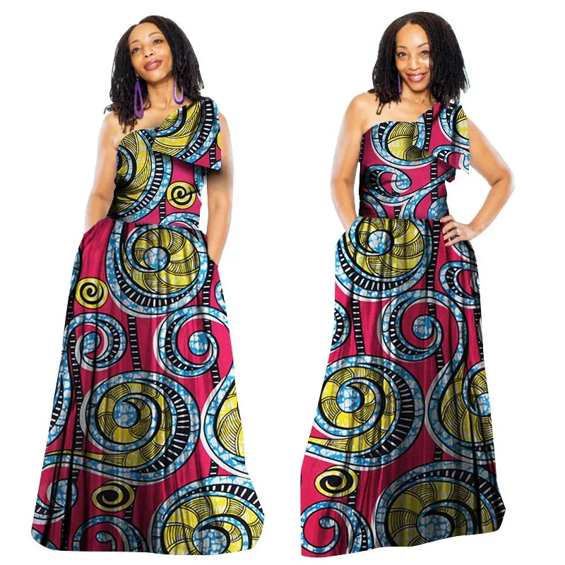 

African Dresses for Women African Print Wax Clothing Bazin One-shoulder Party Dress Dashiki Clothes