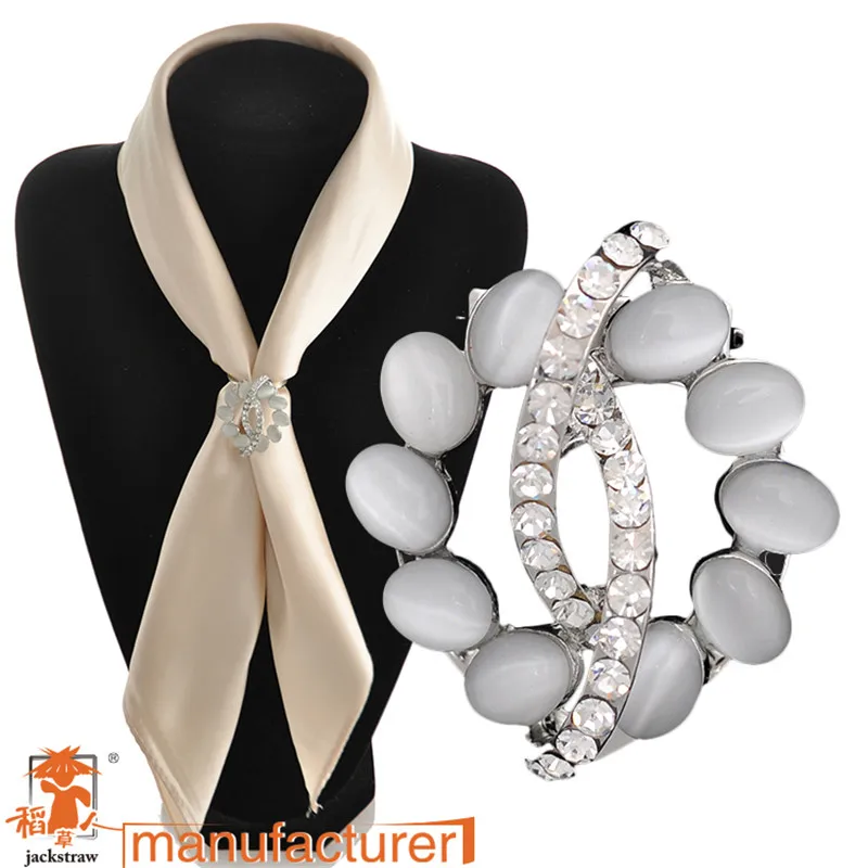 

2018 Fashion accessories women's sliver cat eye brooch dual silk scarf buckle rhinestone flower pin cape clip