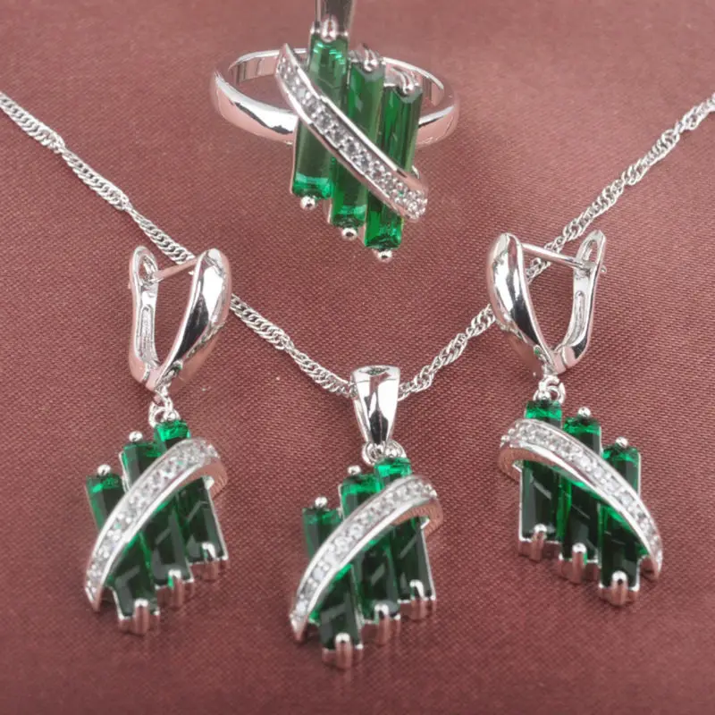 

Unique Green Stone Cubic Zirconia Women's 925 Silver Jewelry Sets Necklace Pendant Earrings Rings Free Shipping TZ083