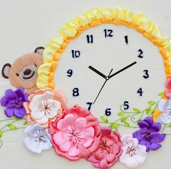 

DIY 3D Ribbon Embroidery cross stitch kits sets handmade needlework/cartoon bear Children Kid's Room Watch Decor Clock