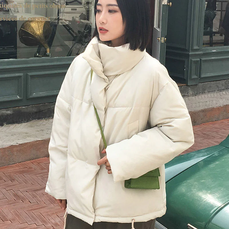 Корейский стиль, женская зимняя куртка со стоячим воротником и пуговицами, женская короткая парка с подкладкой, теплое плотное Женское пальто - Цвет: Бежевый