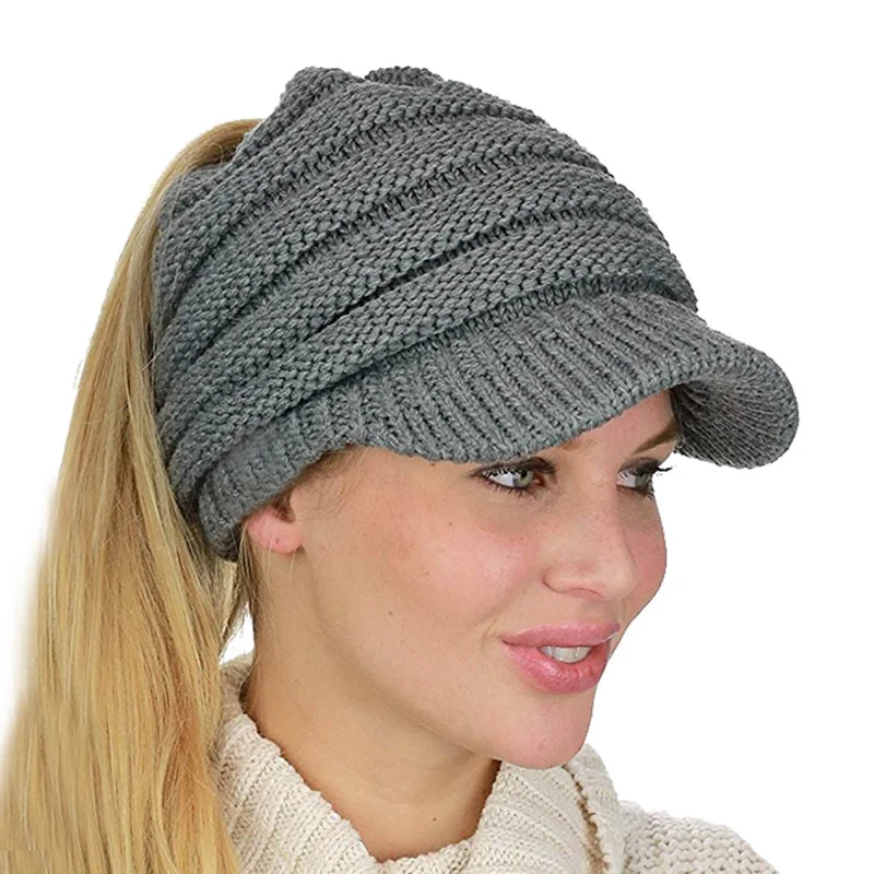 

Women Ponytail Beanie Hats Knitted Solid Ribbed Cap Warm Woman Winter Hat 12 Colors