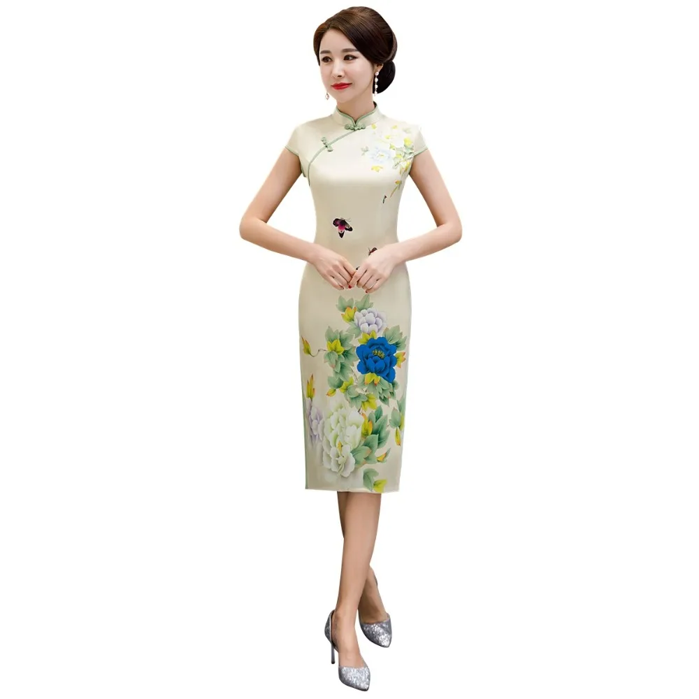 Шанхай история искусственный шелк короткий рукав цветочный Qipao с подкладкой