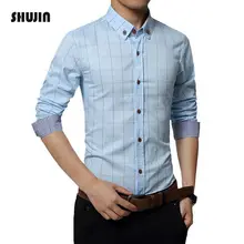 SHUJIN 5XL Клетчатая Мужская рубашка с длинным рукавом, мужская рубашка с отложным воротником, мужская деловая рубашка, рубашки в стиле пэчворк camisa masculina
