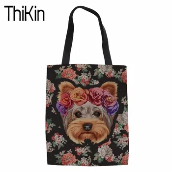 

THIKIN Women Linen Handbags Reusable Shopping Bag Canvas Tote Handbag Floral Yorkshire Terrier Pug Dog Shoulder Bag for Girls