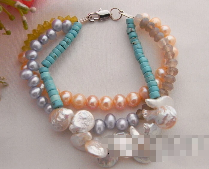 

Hot sell Noble- FREE SHIPPING>>>@@ > 09745 3Strds Pearl&Turquoise&Gray Agate Bracelet