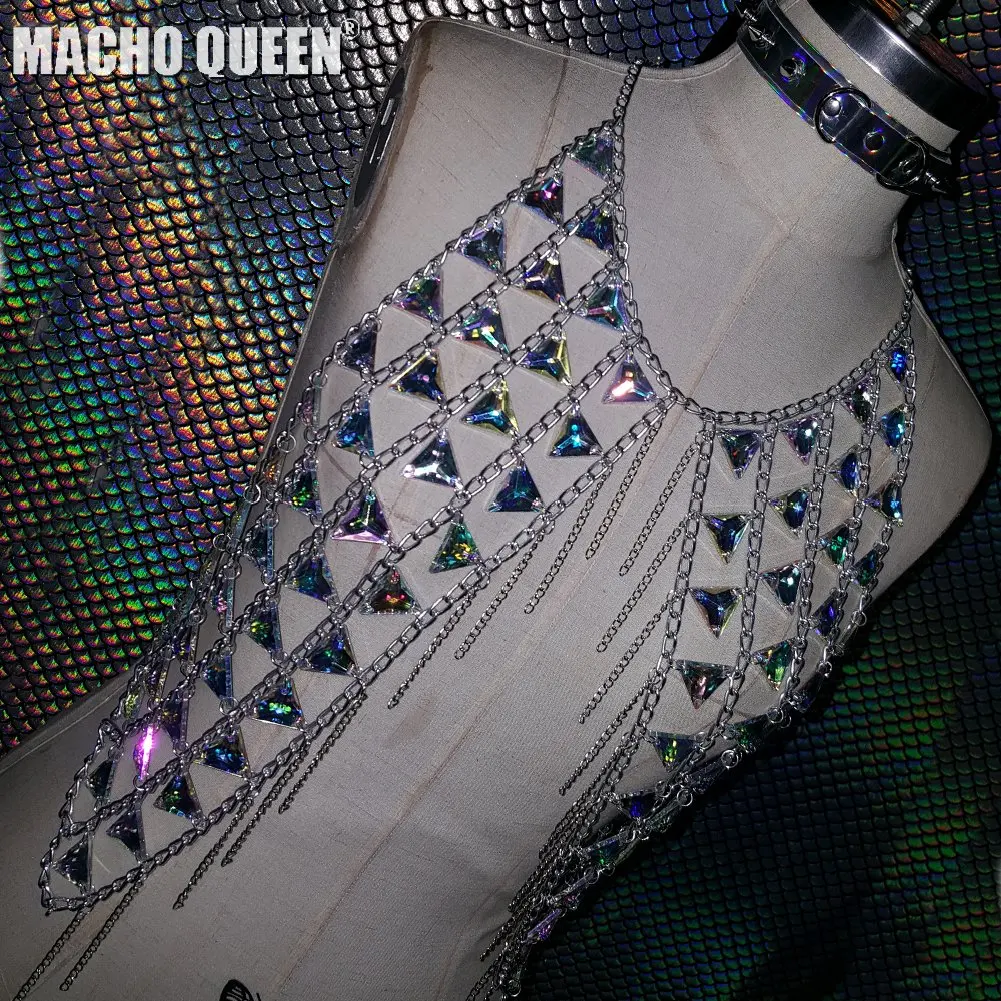 

Holographic Summer Muscial Festival Rave Outfits Clothes Top Burning Man Wear Iridescent Crystal Bra Body Chain Harness