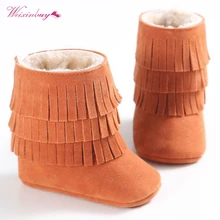 Теплые мокасины для маленьких девочек и мальчиков; сезон осень-зима; обувь с бахромой для новорожденных; нескользящие ботинки на мягкой подошве для малышей; QF