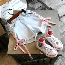 Шорты для малышей; Новая модная летняя детская одежда; джинсовые короткие штаны для девочек; детские джинсовые шорты с перекрестными ремешками для От 2 до 8 лет