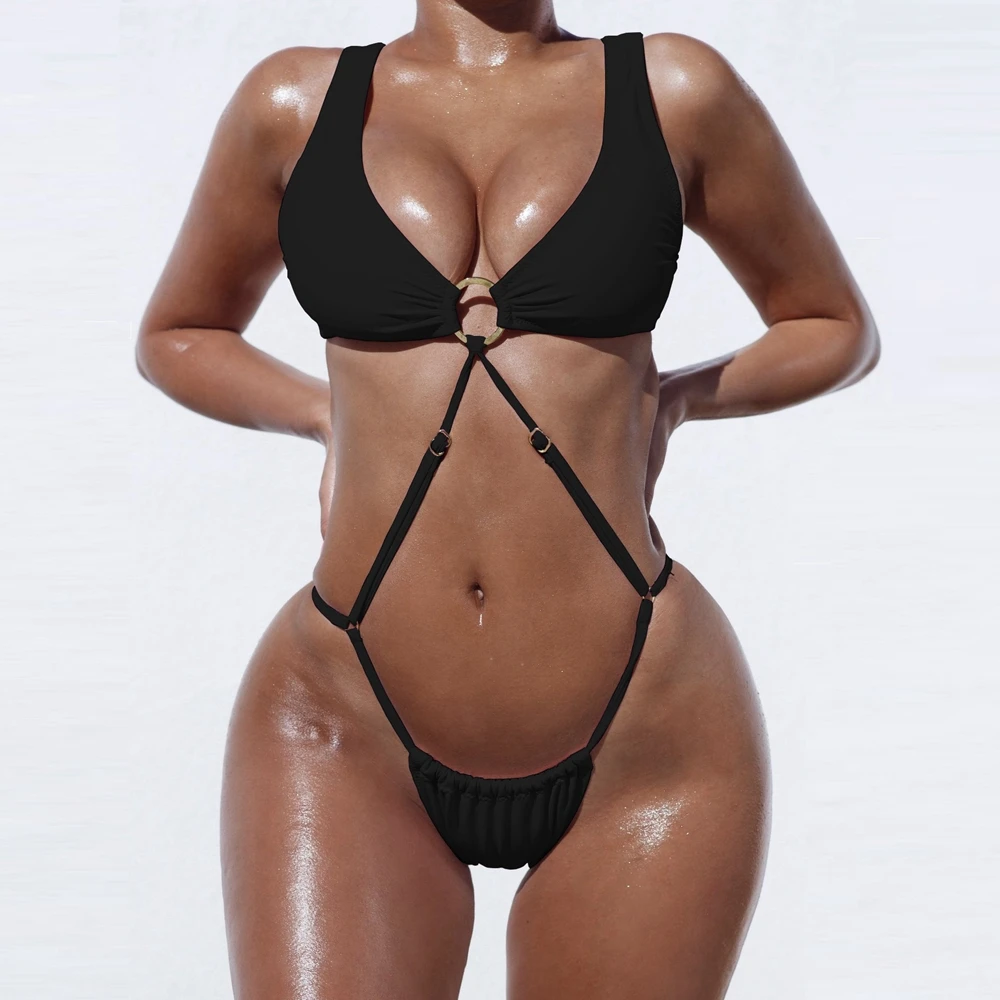 

Solid One Piece Swimsuit Thong Micro Swimsuit Sexy Swimwear Women High Cut Monokini Bandage Bathing Suit Crisscross Swimsuits