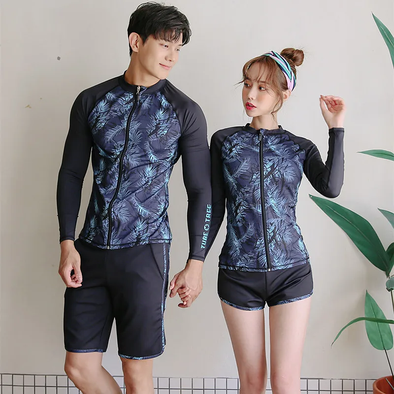 Men's 2 pcs / Women's 3 pcs Set Zip Front Long Sleeve Top and Bottoms Rashguards Swimsuit Swim Sun Shirt Trunks Matching Couples