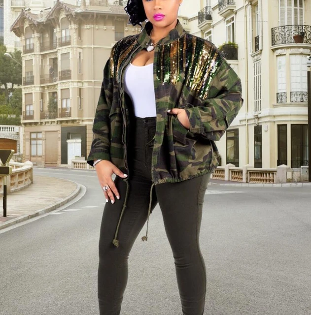 Camouflage denim jacket stitching sequin lace up waist wild