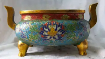 

China bronze gold Cloisonne Beautiful Two ears four feet Censer Incense burner
