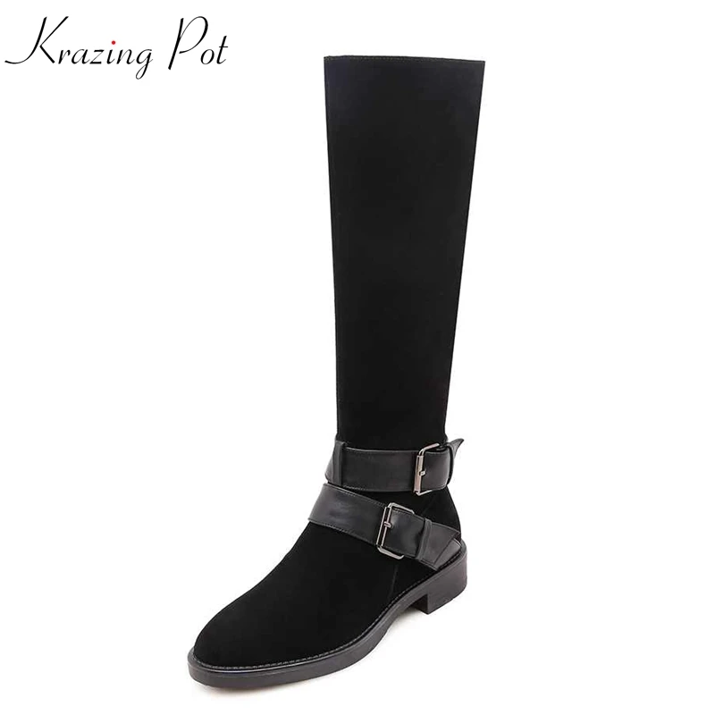 

Krazing Pot 2018 full grain leather zipper limited customization med heels round toe Chelsea riding buckle thigh high boots L7f1