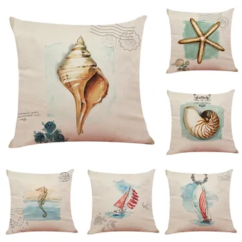 

6 Pcs/set Cushion Cover Sailboat starfish Print Cushion Cover Linen Throw Pillow Chair Sofa Home Decorative Pillowcase 45*45cm