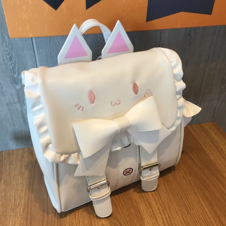 Милый школьный женский рюкзак в стиле Лолиты с котом; рюкзаки из искусственной кожи для девочек-подростков; Kawaii; женские сумки на плечо с бантом и ушками; Mochila; цвет розовый, белый