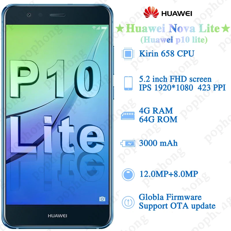 Huawei P10 Lite с глобальной прошивкой, 4 ГБ, 64 ГБ, Android 7,0, смартфон, 4G, LTE, четыре ядра, 5,2 дюймов, FHD, 1920X1080, отпечаток пальца, OTA, мобильные телефоны