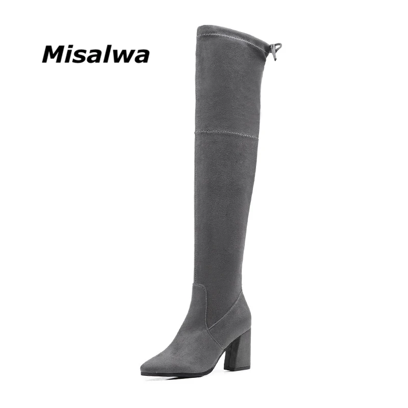 

Misalwa Fashion Flock Over The Knee Boots Sexy High Heels Pointed Toe Women Boots Comfort Square Heel Woman Shoes