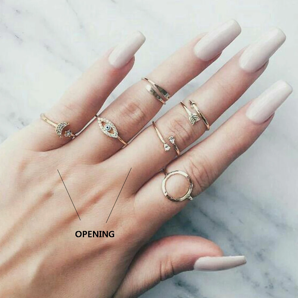 

6 Pcs/set Fashion Women Rings Star Moon Eye Arrow Round Crystal Open Gold Ring Set Female Birthday Jewelry Wear