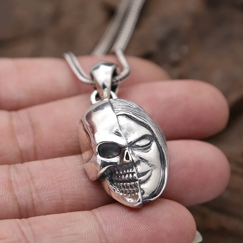 FNJ 925 Silver Pendant Punk Skull Hang 100 Original Pure S925 Thai