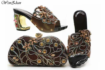 

Newest Brown Soft Shoes And Bag Set Italian Summer Med Heels Shoes And Bags Set 8cm For Fashion Women In 5colors E96-20