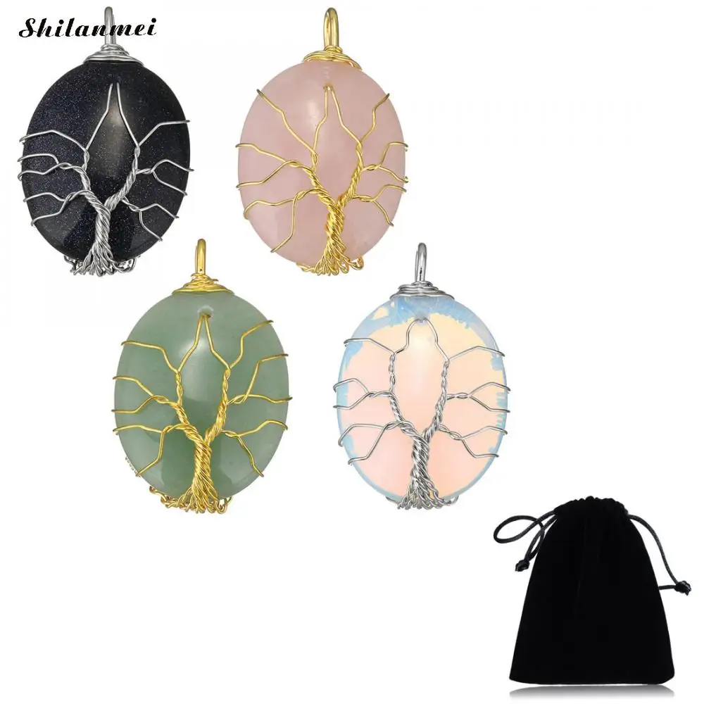 

Natural Quartz Stone Pendants Tree of Life Wire Wrap Wrapped Drop Shaped crystal pendant necklace