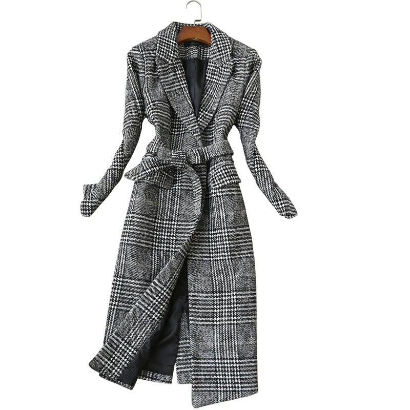 Winter ladies jacket female 2019 long thick coat woolen windbreaker temperament ladies thin coat plaid elegant woolen coat