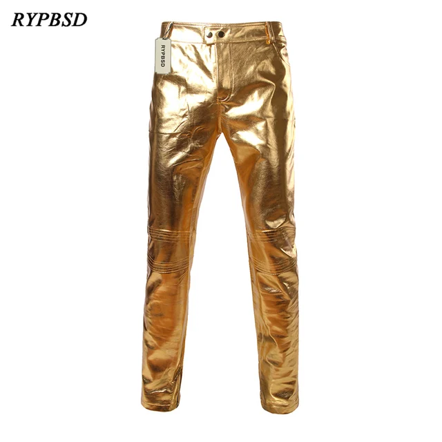 Gold Shiny PU Leather Motorcycle Pants Men Brand New Skinny Tights