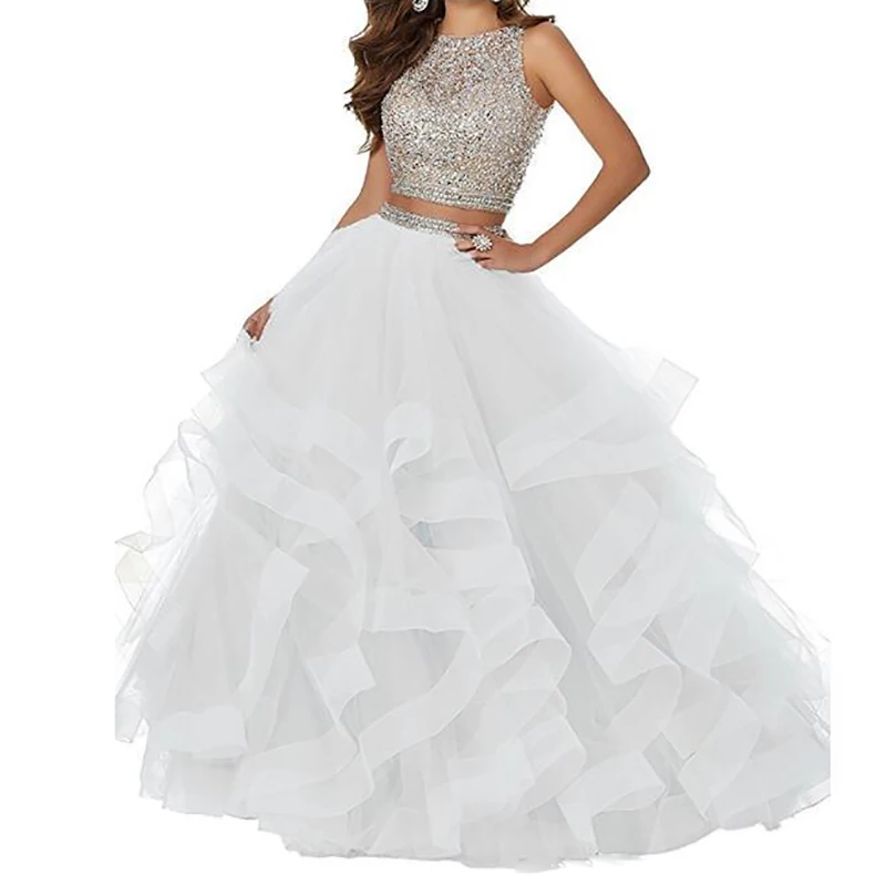 

2019 Prom Gown Sexy Beaded Two Piece Prom Dresses Long Pageant Formal Dress Occasion Asymmetric Layered Tulle Prom Ball Gowns