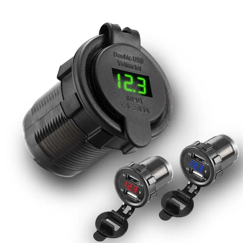 

12V-24V Dual USB 5V 2.1A Car Charger Power Adapter LED Voltmeter For Truck Boat