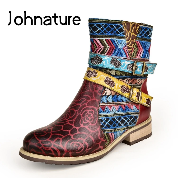 

Johnature Ankle Boots Genuine Leather Zipper Round Toe Square Heel 2020 New Autumn/Winter Embossing Totem Flower Women Shoes